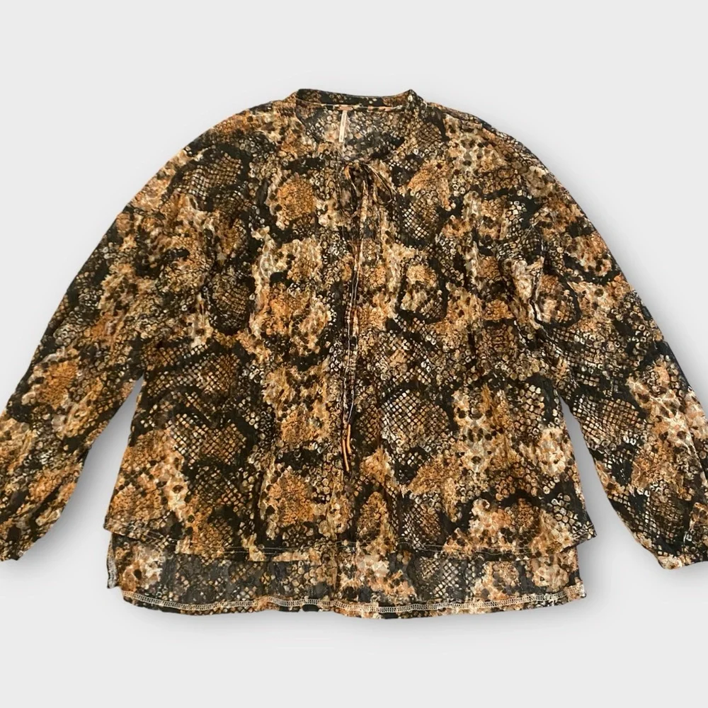 Free People Women’s Out For The Night Blouse Medium Snakeskin Semi Sheer Boho